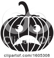 Clipart Of A Black And White Frowning Halloween Jackolantern Pumpkin Royalty Free Vector Illustration by Johnny Sajem