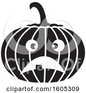 Clipart Of A Black And White Unhappy Halloween Jackolantern Pumpkin Royalty Free Vector Illustration by Johnny Sajem