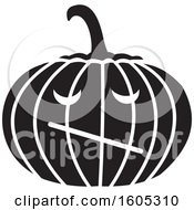 Clipart Of A Black And White Skeptical Halloween Jackolantern Pumpkin Royalty Free Vector Illustration