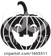 Clipart Of A Black And White Laughing Halloween Jackolantern Pumpkin Royalty Free Vector Illustration by Johnny Sajem