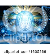 Clipart Of A 3D Render Of A Medical Background With Female Figure With Brain Highlighted On DNA Strands Royalty Free Illustration
