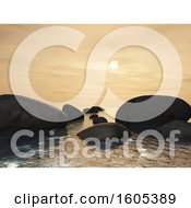 Poster, Art Print Of 3d Landscape With Rocks In The Ocean At Sunset