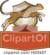 Clipart Of A Leaping Cheetah Over A Shield And Banners Royalty Free Vector Illustration