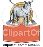 Clipart Of A Wolf And Hunting Rifles Over A Blank Banner Royalty Free Vector Illustration
