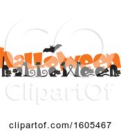 Poster, Art Print Of Flying Bat Over Black Cats Forming Letters In The Word Halloween And Orange Text