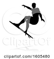 Clipart Of A Silhouetted Surfer With A Reflection Or Shadow On A White Background Royalty Free Vector Illustration by AtStockIllustration