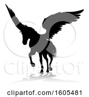 Poster, Art Print Of Black Silhouetted Pegasus Horse With A Reflection Or Shadow On A White Background