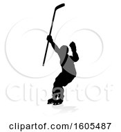 Poster, Art Print Of Silhouetted Hockey Player With A Reflection Or Shadow On A White Background