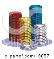 Stacks Of Red Yellow Blue And White Poker Chips In A Casino