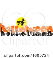 Poster, Art Print Of Line Of Cats Spelling The Word Halloween With Orange Text Under A Silhouetted Flying Witch