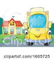 Clipart Of A Happy Yellow School Bus By A Building Royalty Free Vector Illustration
