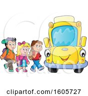 Poster, Art Print Of Happy Yellow School Bus And Children At A Stop