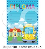Poster, Art Print Of Diploma With A Happy Yellow School Bus By A Building