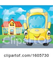 Clipart Of A Happy Yellow School Bus By A Building On A Sunny Day Royalty Free Vector Illustration