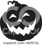 Clipart Of A Black And White Silhouetted Carved Halloween Jackolantern Pumpkin Royalty Free Vector Illustration