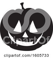 Clipart Of A Black And White Silhouetted Carved Halloween Jackolantern Pumpkin Royalty Free Vector Illustration