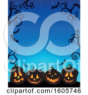 Poster, Art Print Of Blue Halloween Background With Illuminated Jackolantern Pumpkins Bats And Bare Branches