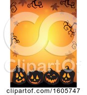 Poster, Art Print Of Halloween Background With Illuminated Jackolantern Pumpkins And Bare Branches On Orange