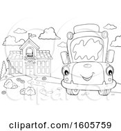 Clipart Of A Black And White Happy School Bus By A Building Royalty Free Vector Illustration