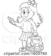 Clipart Of A Black And White Happy School Girl Holding A Backpack And Piece Of Chalk Royalty Free Vector Illustration