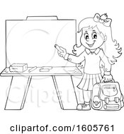 Clipart Of A Black And White Happy School Girl Holding A Backpack And Piece Of Chalk By A Chalkboard Royalty Free Vector Illustration