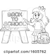 Poster, Art Print Of Black And White Happy Girl Holding A Backpack And Piece Of Chalk By A Back To School Chalkboard