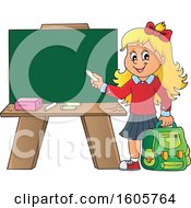 Happy Blond School Girl Holding A Backpack And Piece Of Chalk By A Chalkboard