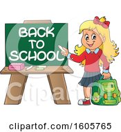Poster, Art Print Of Happy Blond Girl Holding A Backpack And Piece Of Chalk By A Back To School Chalkboard