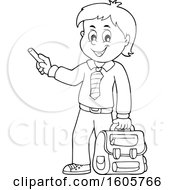 Poster, Art Print Of Black And White Happy School Boy Holding A Backpack And Piece Of Chalk