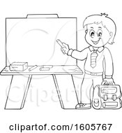 Poster, Art Print Of Black And White Happy Boy Holding A Backpack And Piece Of Chalk By A Chalkboard