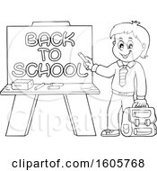 Poster, Art Print Of Black And White Happy Boy Holding A Backpack And Piece Of Chalk By A Back To School Chalkboard