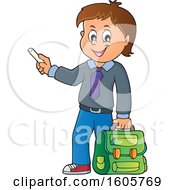 Poster, Art Print Of Happy Boy Holding A Backpack And Piece Of Chalk