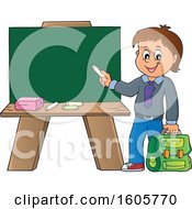 Poster, Art Print Of Happy Boy Holding A Backpack And Piece Of Chalk By A Chalkboard