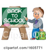 Poster, Art Print Of Happy Boy Holding A Backpack And Piece Of Chalk By A Back To School Chalkboard