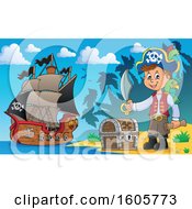 Poster, Art Print Of Boy Pirate With A Parrot Sword And Treasure Map In Hand On A Beach