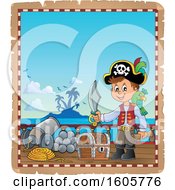 Clipart Of A Parchment Border Of A Boy Pirate On A Ship Deck Royalty Free Vector Illustration