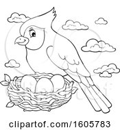 Clipart Of A Black And White Cardinal Bird And Nest Royalty Free Vector Illustration