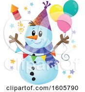 Poster, Art Print Of Festive Party Snowman With Balloons And A Firework