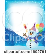 Clipart Of A Snowy Border With A Festive Party Snowman With Balloons And A Firework Royalty Free Vector Illustration