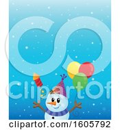 Clipart Of A Festive Party Snowman With Balloons And A Firework In The Snow Royalty Free Vector Illustration