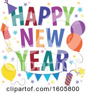 Clipart Of A Happy New Year Greeting With Fireworks Balloons And Stars Royalty Free Vector Illustration