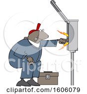 Cartoon Black Male Electrician Touching A Power Box
