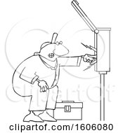 Poster, Art Print Of Cartoon Lineart Black Male Electrician Touching A Power Box