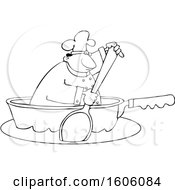 Clipart Of A Cartoon Lineart Black Male Chef Using A Spoon To Paddle A Pan Boat Royalty Free Vector Illustration