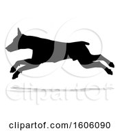 Clipart Of A Silhouetted Doberman Dog With A Reflection Or Shadow On A White Background Royalty Free Vector Illustration