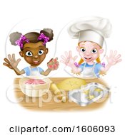 Poster, Art Print Of Happy White And Black Girls Making Pink Frosting And Star Shaped Cookies