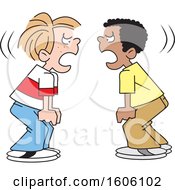 Clipart Of Cartoon White And Black Boys Yelling At Each Other Royalty Free Vector Illustration by Johnny Sajem