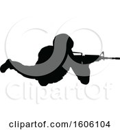 Clipart Of A Black Silhouetted Male Armed Soldier Royalty Free Vector Illustration by AtStockIllustration