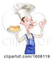 Clipart Of A Male Chef Holding A Hot Dog And Fries On A Tray And Gesturing Perfect Royalty Free Vector Illustration by AtStockIllustration