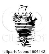 Poster, Art Print Of Black And White Woodcut Ship And Whirlpool Sea Monster Charybdis